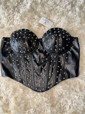 Windsor Black Faux Leather Studded Corset Crop Top
